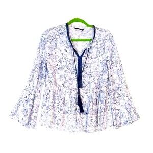 DNMX Top Women's M Peasant Boho Bell Sleeve Baby Doll Flounce Ruffle Blue White